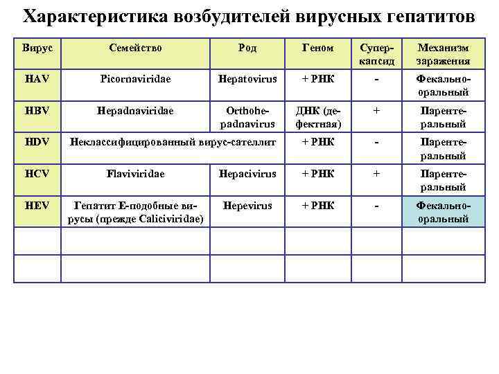 Характеристика возбудителей вирусных гепатитов Вирус Семейство Род Геном Суперкапсид Механизм заражения HAV Picornaviridae Hepatovirus