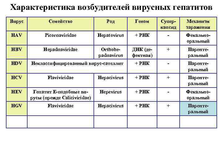 Характеристика возбудителей вирусных гепатитов Вирус Семейство Род Геном Суперкапсид Механизм заражения HAV Picornaviridae Hepatovirus