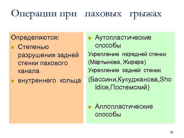 Операции при паховых грыжах Определяются: n Степенью разрушения задней стенки пахового канала n внутреннего