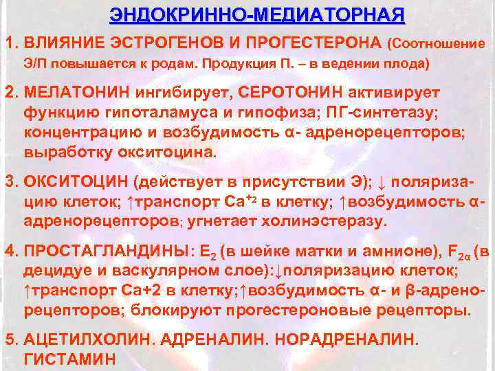 ЭНДОКРИННО-МЕДИАТОРНАЯ 1. ВЛИЯНИЕ ЭСТРОГЕНОВ И ПРОГЕСТЕРОНА (Соотношение Э/П повышается к родам. Продукция П. –