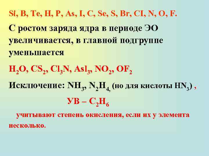 Si, В, Те, Н, Р, As, I, С, Se, S, Br, CI, N, О,