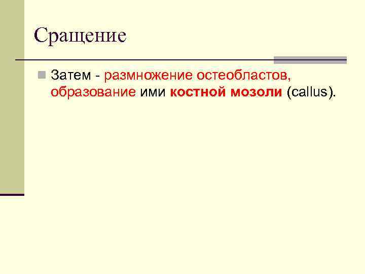 Сращение n Затем - размножение остеобластов, образование ими костной мозоли (саllus). 