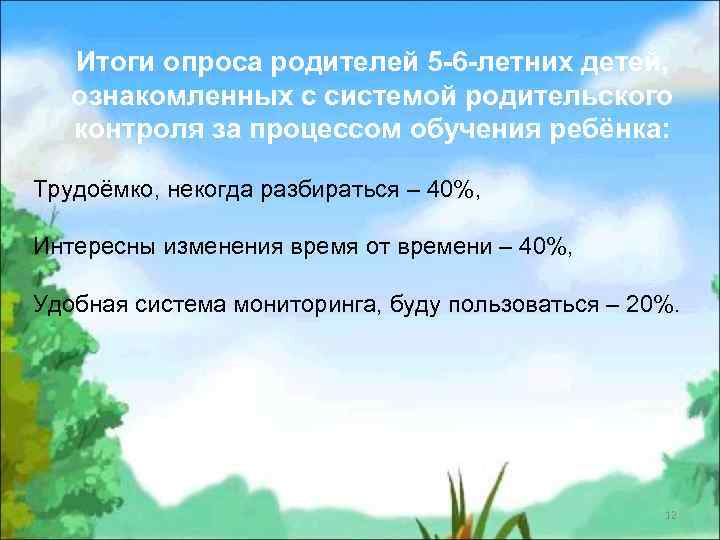 Итоги опроса родителей 5 -6 -летних детей, ознакомленных с системой родительского контроля за процессом
