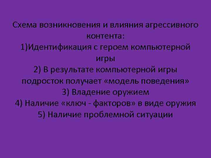 Схема возникновения и влияния агрессивного контента: 1)Идентификация с героем компьютерной игры 2) В результате