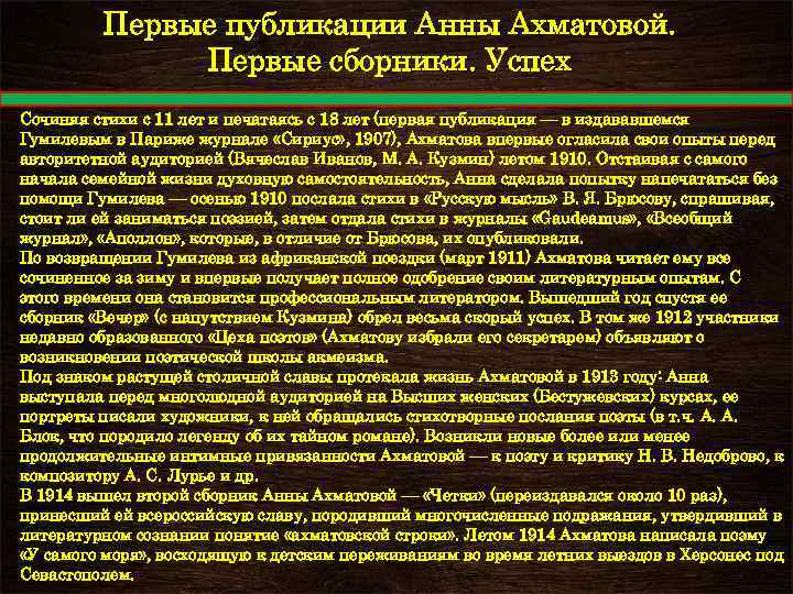 Первые публикации Анны Ахматовой. Первые сборники. Успех Сочиняя стихи с 11 лет и печатаясь