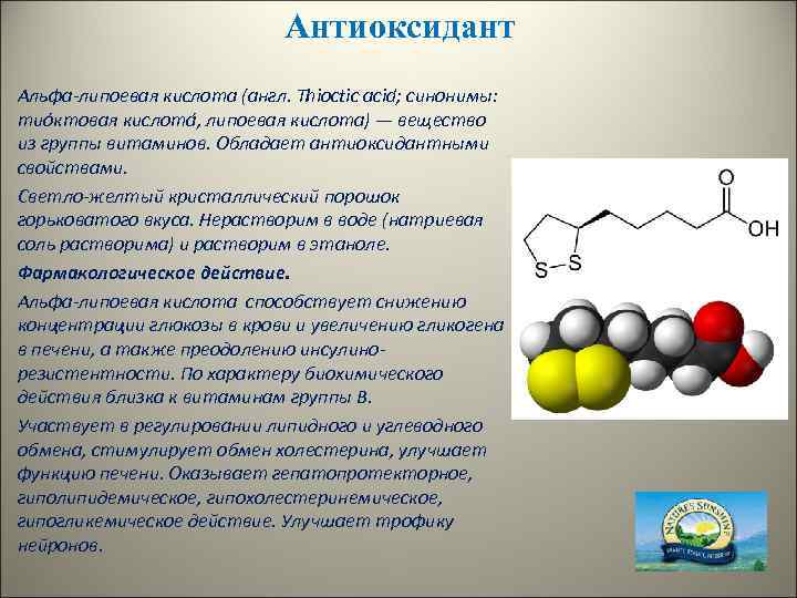 Антиоксидант Альфа-липоевая кислота (англ. Thioctic acid; синонимы: тио ктовая кислота , липоевая кислота) —