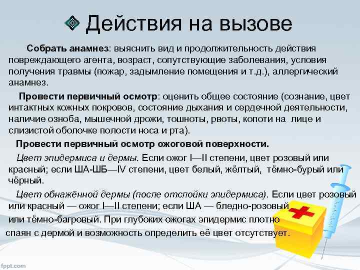 Действия на вызове Собрать анамнез: выяснить вид и продолжительность действия повреждающего агента, возраст, сопутствующие