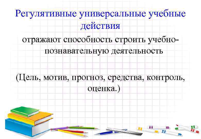 Регулятивные универсальные учебные действия отражают способность строить учебнопознавательную деятельность (Цель, мотив, прогноз, средства, контроль,
