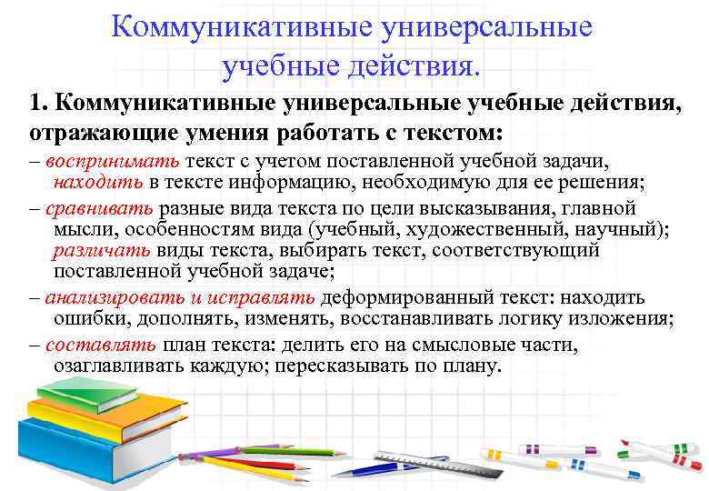Коммуникативные универсальные учебные действия. 1. Коммуникативные универсальные учебные действия, отражающие умения работать с текстом: