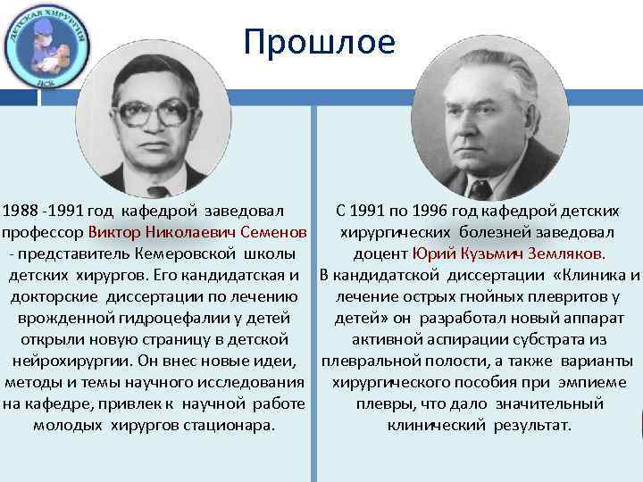 Прошлое 1988 -1991 год кафедрой заведовал С 1991 по 1996 год кафедрой детских профессор