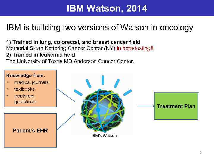 IBM Watson, 2014 IBM is building two versions of Watson in oncology 1) Trained