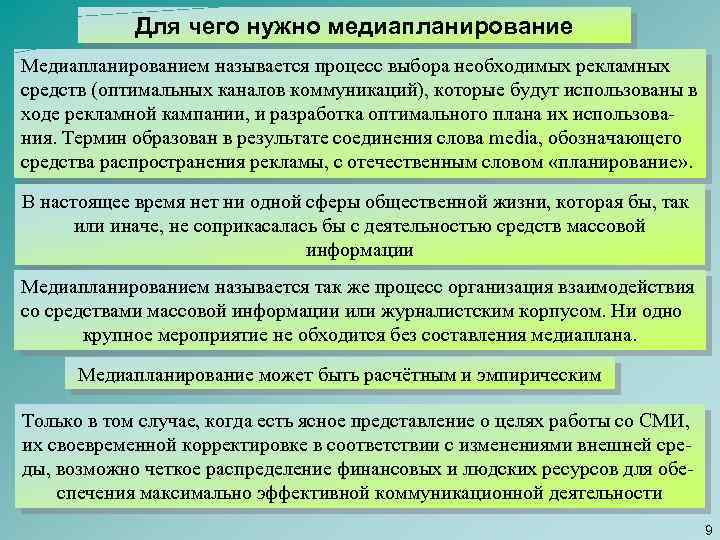 Для чего нужно медиапланирование Медиапланированием называется процесс выбора необходимых рекламных средств (оптимальных каналов коммуникаций),