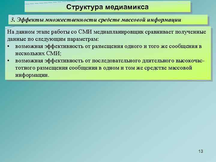 Структура медиамикса 3. Эффекты множественности средств массовой информации На данном этапе работы со СМИ