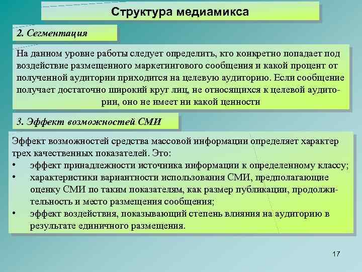 Структура медиамикса 2. Сегментация На данном уровне работы следует определить, кто конкретно попадает под