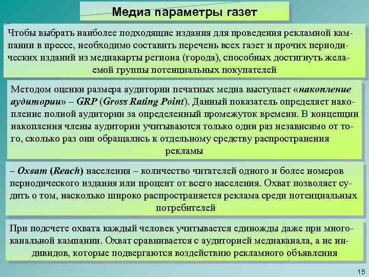 Медиа параметры газет Чтобы выбрать наиболее подходящие издания для проведения рекламной кам пании в