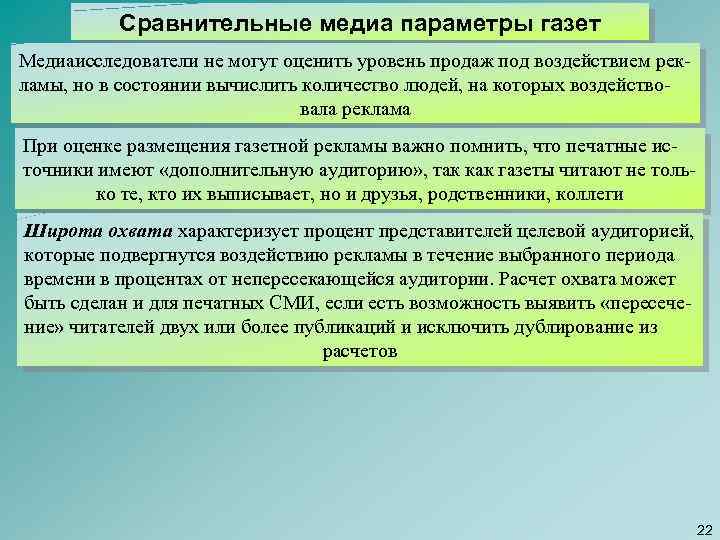 Сравнительные медиа параметры газет Медиаисследователи не могут оценить уровень продаж под воздействием рек ламы,