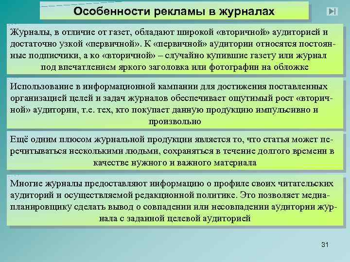 Особенности рекламы в журналах Журналы, в отличие от газет, обладают широкой «вторичной» аудиторией и