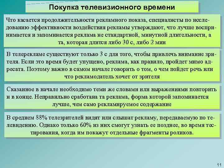 Покупка телевизионного времени Что касается продолжительности рекламного показа, специалисты по исследованию эффективности воздействия рекламы
