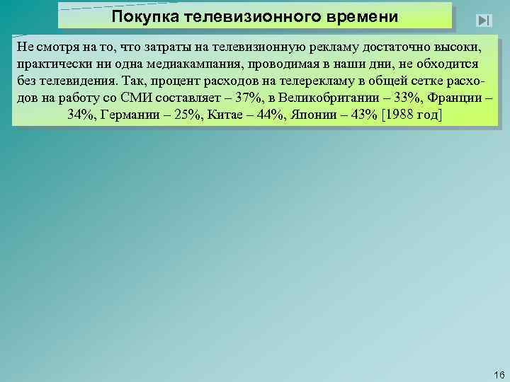 Покупка телевизионного времени Не смотря на то, что затраты на телевизионную рекламу достаточно высоки,