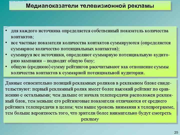 Медиапоказатели телевизионной рекламы • для каждого источника определяется собственный показатель количества контактов; • все