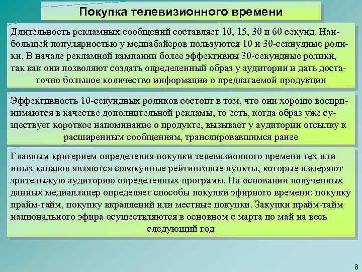 Покупка телевизионного времени Длительность рекламных сообщений составляет 10, 15, 30 и 60 секунд. Наибольшей