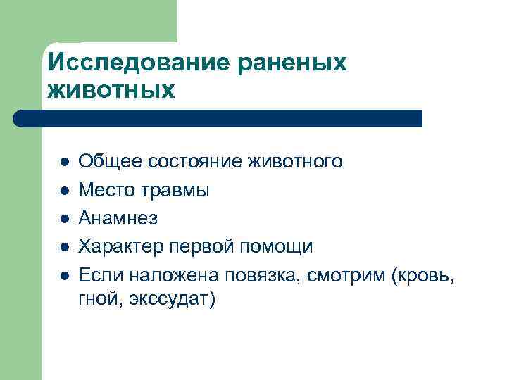 Исследование раненых животных l l l Общее состояние животного Место травмы Анамнез Характер первой