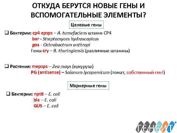 ОТКУДА БЕРУТСЯ НОВЫЕ ГЕНЫ И ВСПОМОГАТЕЛЬНЫЕ ЭЛЕМЕНТЫ? Целевые гены q Бактерии: cp 4 epsps