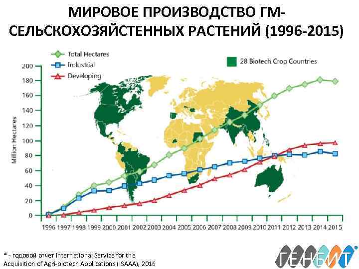 МИРОВОЕ ПРОИЗВОДСТВО ГМСЕЛЬСКОХОЗЯЙСТЕННЫХ РАСТЕНИЙ (1996 -2015) * - годовой отчет International Service for the