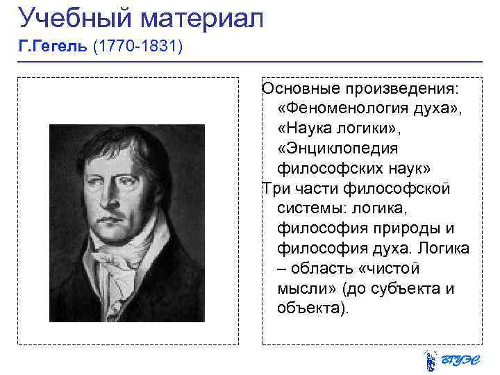 Учебный материал Г. Гегель (1770 -1831) Рисунок Основные произведения: «Феноменология духа» , «Наука логики»