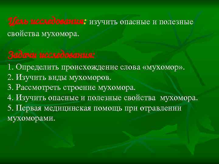 Цель исследования: изучить опасные и полезные свойства мухомора. Задачи исследования: 1. Определить происхождение слова