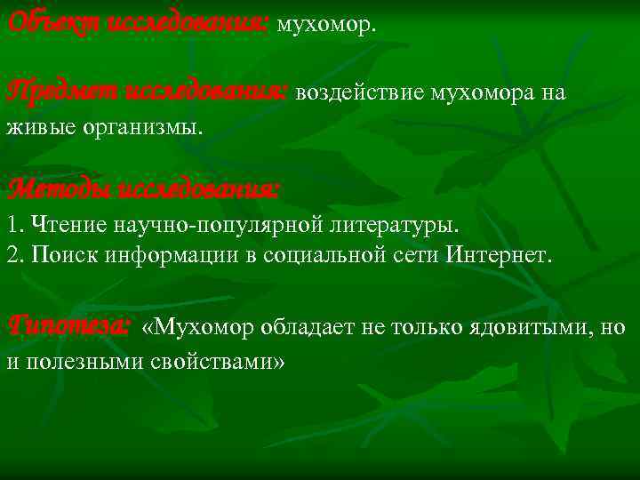 Объект исследования: мухомор. Предмет исследования: воздействие мухомора на живые организмы. Методы исследования: 1. Чтение