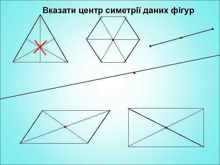 Вказати центр симетрії даних фігур 