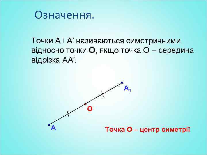 Означення. Точки A і A′ називаються симетричними відносно точки О, якщо точка О –
