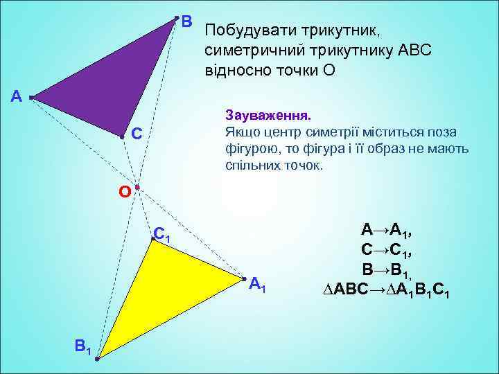 В Побудувати трикутник, симетричний трикутнику АВС відносно точки О А Зауваження. Якщо центр симетрії