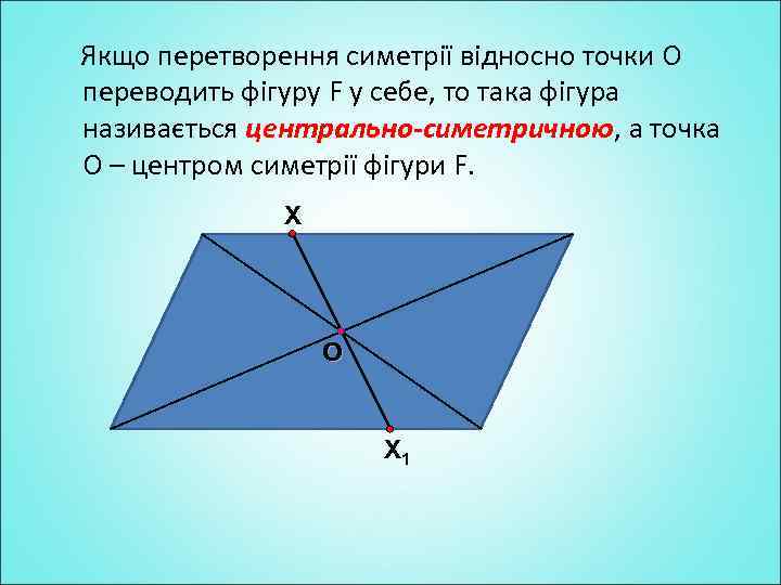 Якщо перетворення симетрії відносно точки О переводить фігуру F у себе, то така фігура