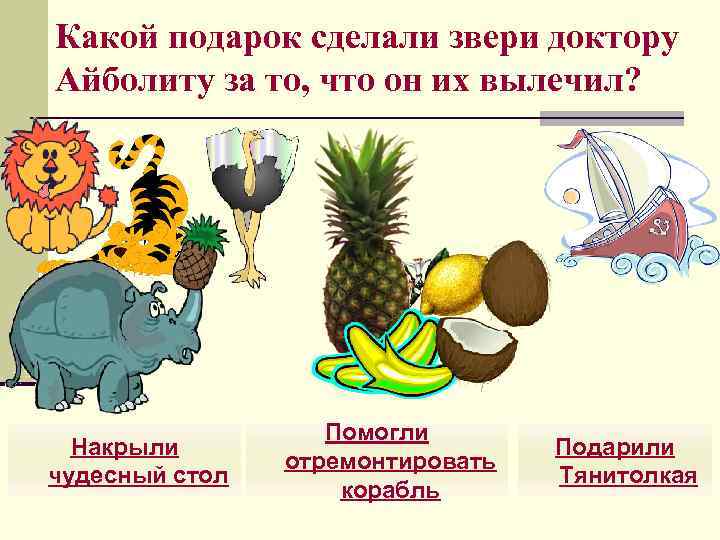 Какой подарок сделали звери доктору Айболиту за то, что он их вылечил? Накрыли чудесный