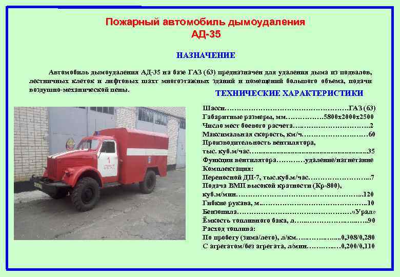Пожарный автомобиль дымоудаления АД-35 НАЗНАЧЕНИЕ Автомобиль дымоудаления АД-35 на базе ГАЗ (63) предназначен для