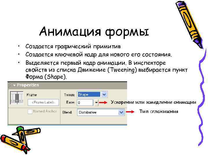 Анимация формы • Создается графический примитив • Создается ключевой кадр для нового его состояния.