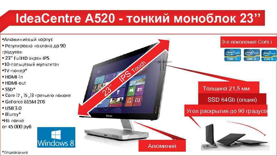 Idea. Centre A 520 - тонкий моноблок 23’’ • Алюминиевый корпус • Регулировка наклона