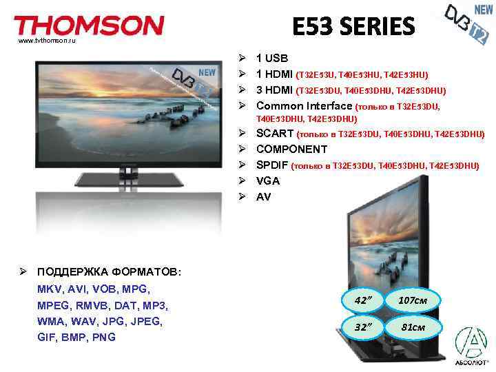 www. tvthomson. ru Ø Ø 1 USB 1 HDMI (T 32 E 53 U,