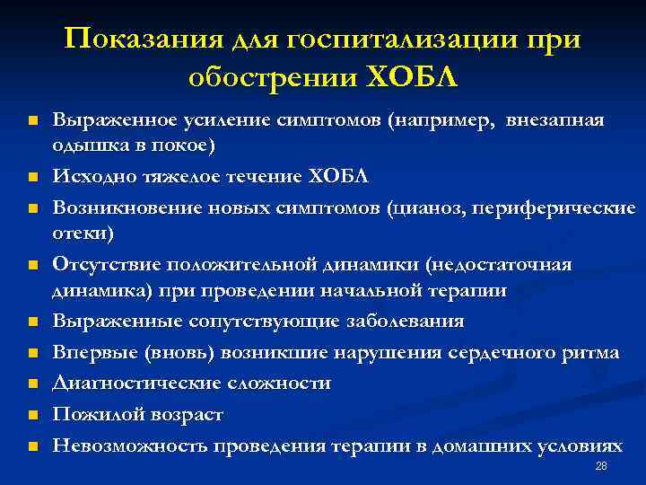 Показания для госпитализации при обострении ХОБЛ n n n n n Выраженное усиление симптомов