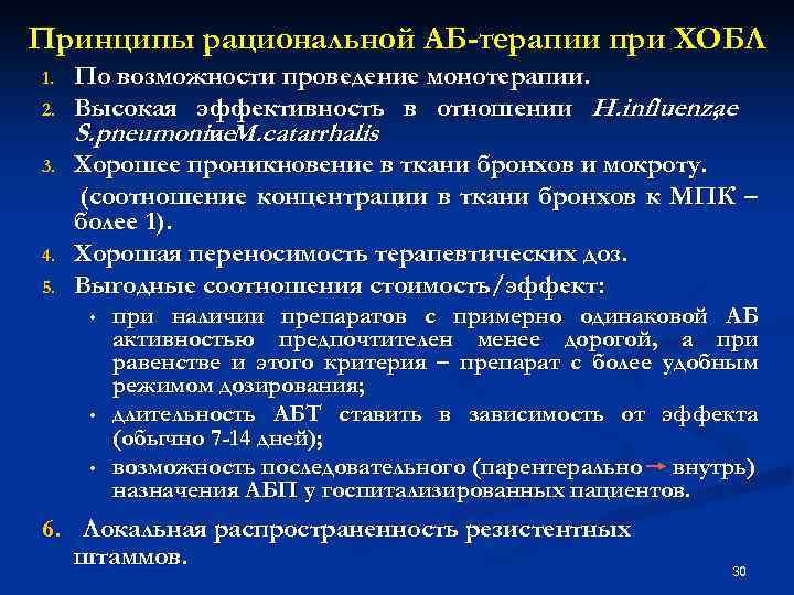 Принципы рациональной АБ-терапии при ХОБЛ 1. 2. 3. 4. 5. По возможности проведение монотерапии.