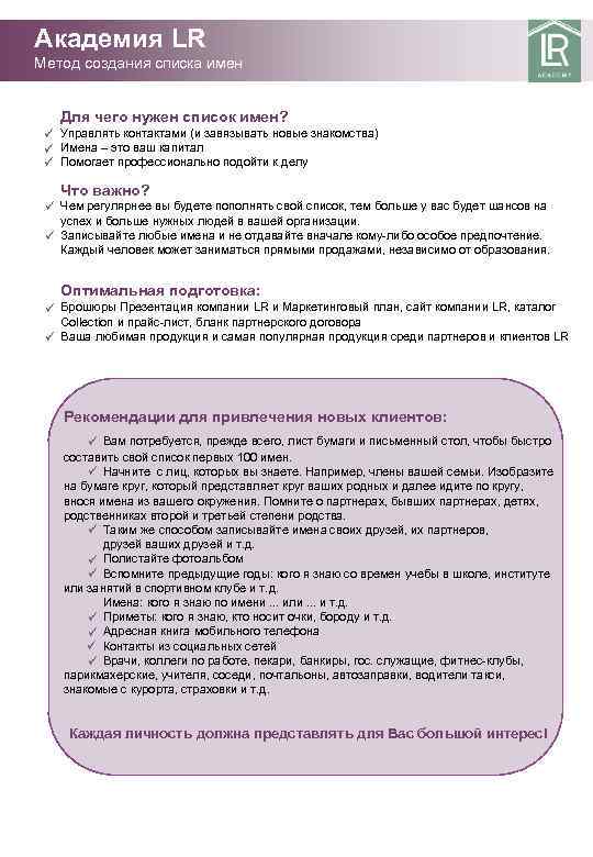Академия LR Метод создания списка имен Для чего нужен список имен? Академия LR Бизнес-модель