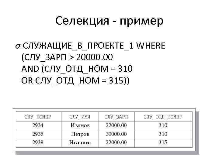 Селекция - пример σ СЛУЖАЩИЕ_В_ПРОЕКТЕ_1 WHERE (СЛУ_ЗАРП > 20000. 00 AND (СЛУ_ОТД_НОМ = 310