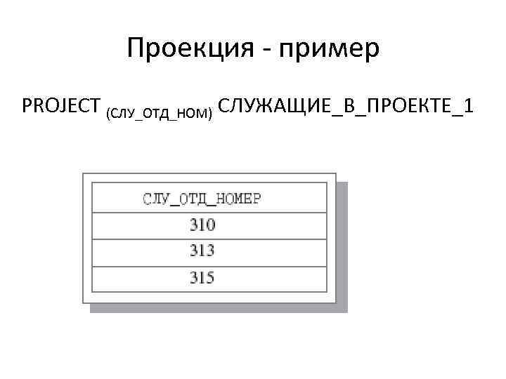 Проекция - пример PROJECT (СЛУ_ОТД_НОМ) СЛУЖАЩИЕ_В_ПРОЕКТЕ_1 