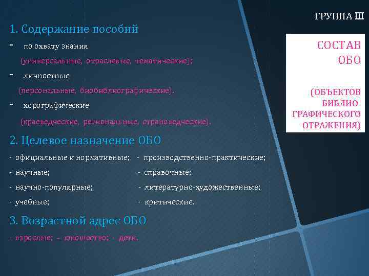 1. Содержание пособий - по охвату знания (универсальные, отраслевые, тематические); - СОСТАВ ОБО личностные