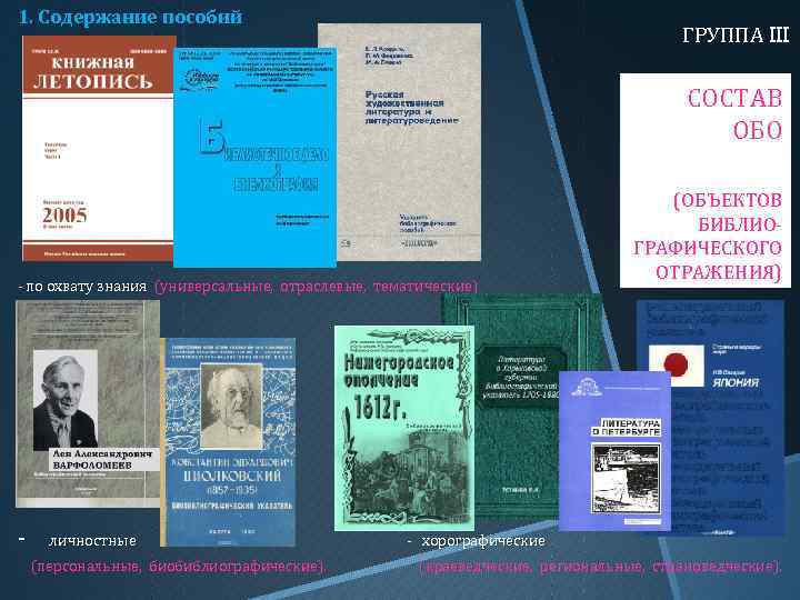 1. Содержание пособий ГРУППА III СОСТАВ ОБО - по охвату знания (универсальные, отраслевые, тематические)