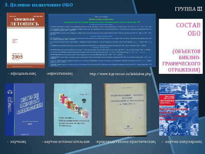 3. Целевое назначение ОБО ГРУППА III СОСТАВ ОБО - официальное; -нормативное; http: //www. kgz.