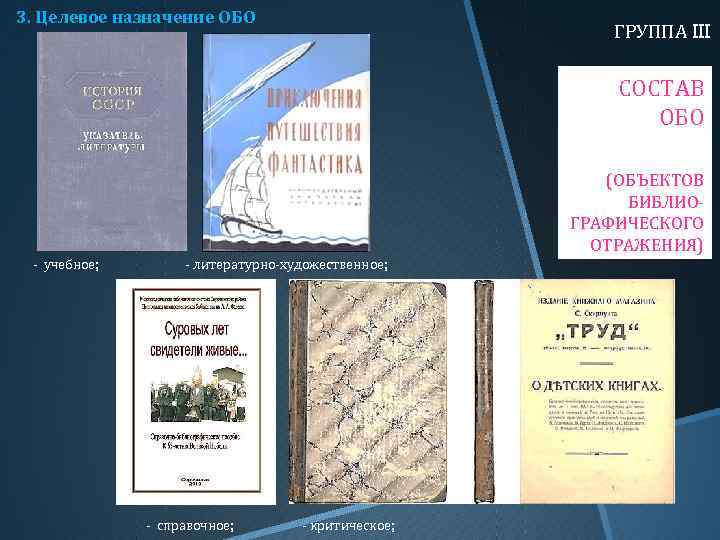 3. Целевое назначение ОБО ГРУППА III СОСТАВ ОБО (ОБЪЕКТОВ БИБЛИОГРАФИЧЕСКОГО ОТРАЖЕНИЯ) - учебное; -