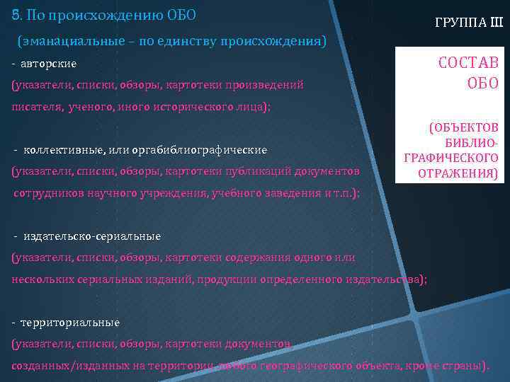 5. По происхождению ОБО ГРУППА III (эманациальные – по единству происхождения) СОСТАВ ОБО -